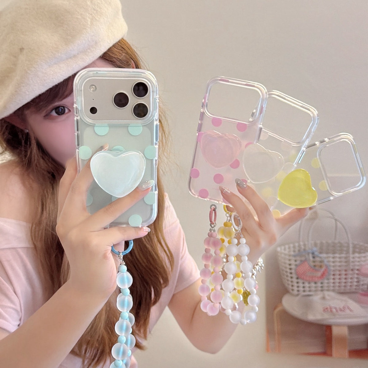 Matte Translucent Polka Dot Phone Case with Heart Stand & Beaded Wrist Strap