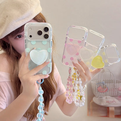 Matte Translucent Polka Dot Phone Case with Heart Stand & Beaded Wrist Strap